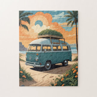 Puzzle Vintage Camper Van Beach Sunset Illustration