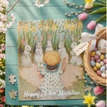 Vintage Girl and Easter Bunnies Singing