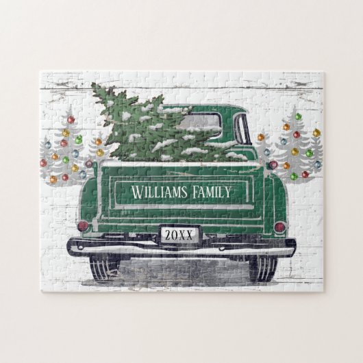 Puzzle Vintage Green Truck Christmas Tree Nom Rustique (Horizontal)
