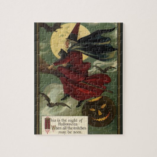 Puzzle Vintage Halloween sorcière Broomstick avec chat (Vertical)