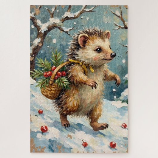 Puzzle Vintage Hedgehog with Christmas Berry Basket (Vertical)