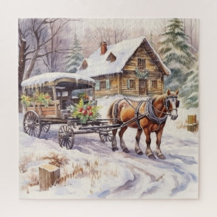 Puzzle Vintage Log Home avec cheval et Wagon couvert