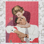 Puzzle Vintage Love and Romance, Newlyweds in Pink<br><div class="desc">Vintage illustration love and romance design featuring a happy newlywed couple hugging and snuggling. She is about to whisper a secret to her sweetheart.</div>