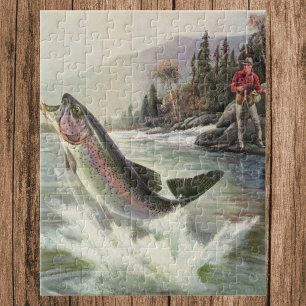 Puzzle Vintage Rainbow Trout Fish, Fisherman Fishing