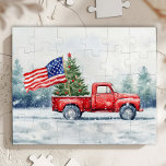 Puzzle Vintage Red Christmas Truck Arbre de Noël<br><div class="desc">Camion de Noël rouge vintage avec sapin de Noël et rideau de douche de Noël drapeau américain est une façon festive de montrer votre amour pour l'Amérique et de célébrer les fêtes.</div>