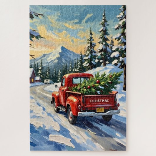 Puzzle Vintage Red Truck Carrying Christmas Tree (Vertical)