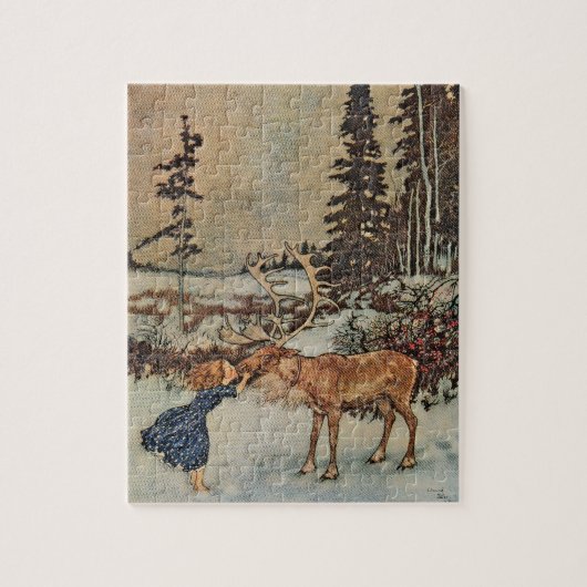 Puzzle Vintage Reindeer Girl Winter Snow Scene Poster (Vertical)