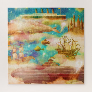 Puzzle Vintage Travel World Sky Blue Ocean Whales