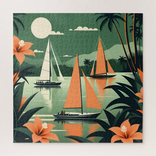 Puzzle Vintage Tropical Beach and Sailboats Retro (Vertical)