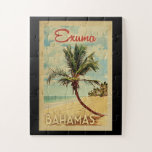 Puzzle Vintage voyage de palmier d'Exuma<br><div class="desc">Une copie moderne d'art d'Exuma Bahamas de la moitié du siècle uniquement rétro dans le style vintage d'affiche de voyage. Il comporte un palmier incurvé sur la plage sablonneuse avec l'océan sous un ciel nuageux bleu.</div>