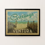 Puzzle Vintage voyage de plage Ventura<br><div class="desc">Ce design de carte postale vintage de Greutas From Ventura comprend une plage de sable avec une belle eau turquoise de l'océan et au-dessus de la mer,  un ciel bleu avec des nuages blancs lustrés. Dans un style de voyage vintage.</div>