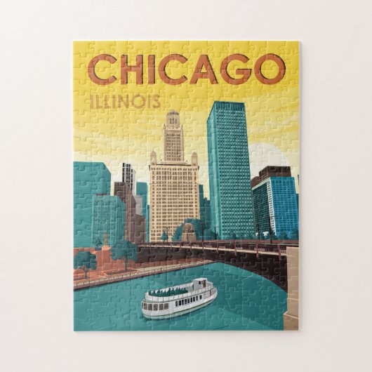 Puzzle Vintage voyage Skyline de Chicago River (Vertical)