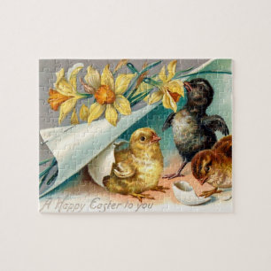 Puzzle Vintages poussins aux fleurs jaunes Salutation de
