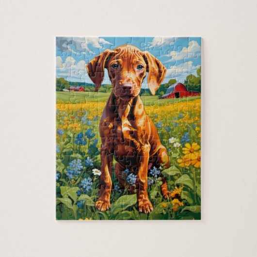 Puzzle Vizsla Chiot dans le champ de la gamme Fleur sauva (Vertical)