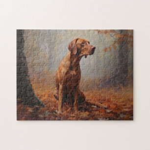 Puzzle Vizsla dans les feuilles d'automne qui tombent ins