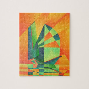 Puzzle Voiles chinoises en junk à Sunrise Orange et Vert