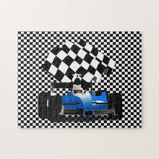 Puzzle Voiture Blue Race avec À damiers Drapeau Jigsaw Pu (Horizontal)