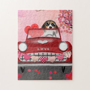 Puzzle Voiture de conduite de chien beagle avec les coeur