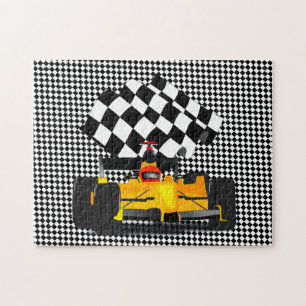 Puzzle Voiture de course jaune avec À damiers Drapeau Jig