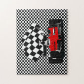 Puzzle Voiture de course rouge avec À damiers Drapeau Jig (Vertical)
