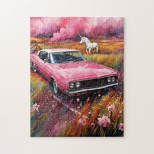Puzzle Voiture rose vintage et une licorne dans une prair