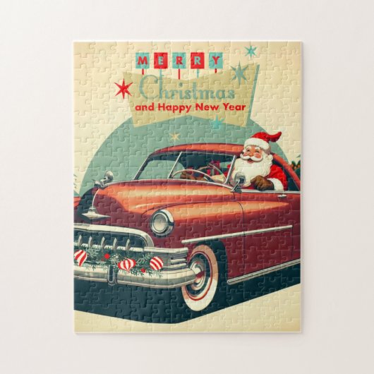 Puzzle Voiture rouge vintage & Père Noël (Vertical)