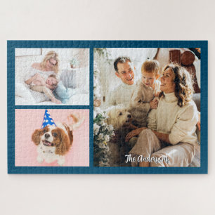 Puzzle Vos 3 photos de famille et nom de script sur fond