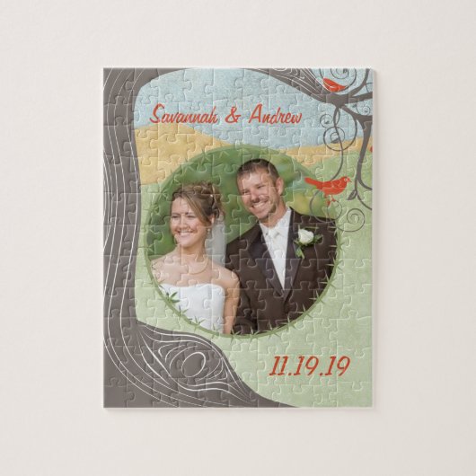 Puzzle Votre Mariage Photo Cute Wood Grain Tree Birds (Vertical)