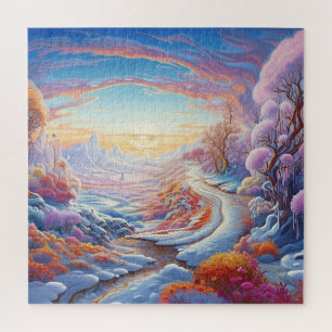 Puzzle Vue colorée de la nature avec des arbres enneigés 