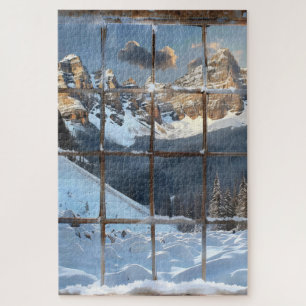 Puzzle Vue de fenêtre Hiver en montagne