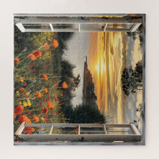 Puzzle Vue du coucher de soleil sur la fenêtre océan (Horizontal)