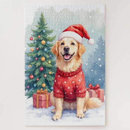 Puzzle Warm Watercolor Golden Retriever Christmas Tree (Vertical)