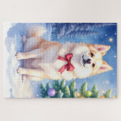 Puzzle Watercolor American Eskimo Dog Sparkling Christmas (Horizontal)