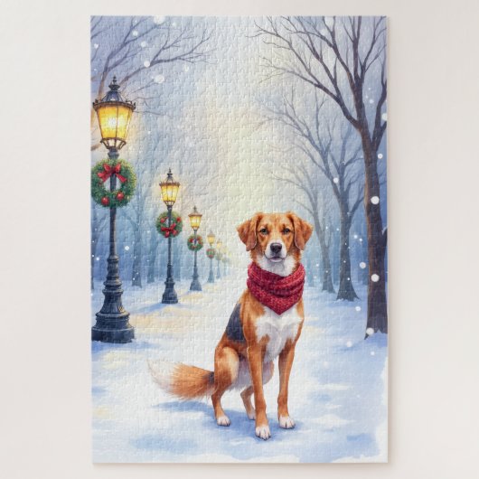 Puzzle Watercolor American Foxhound Snowy Lamppost (Vertical)