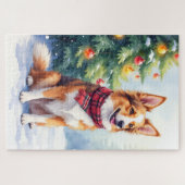 Puzzle Watercolor Australian Shepherd Glowing Christmas (Horizontal)