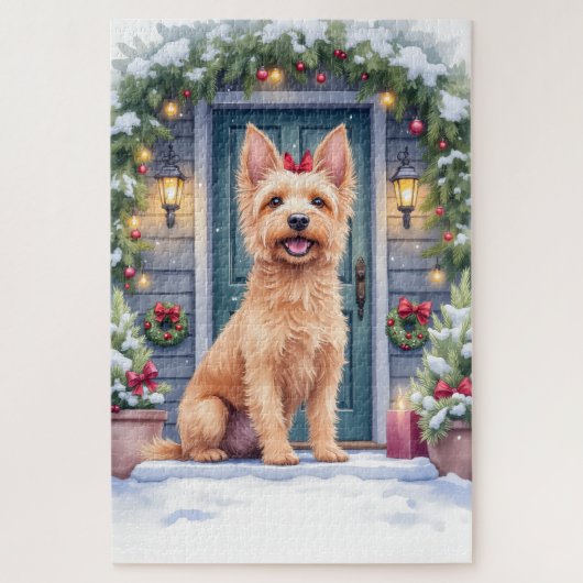 Puzzle Watercolor Australian Silky Terrier Snowy Doorstep (Vertical)