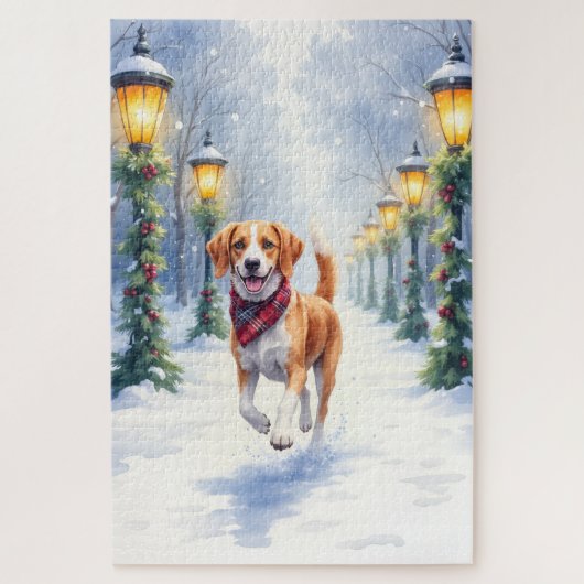 Puzzle Watercolor Beagle Snowy Park Christmas Holiday (Vertical)
