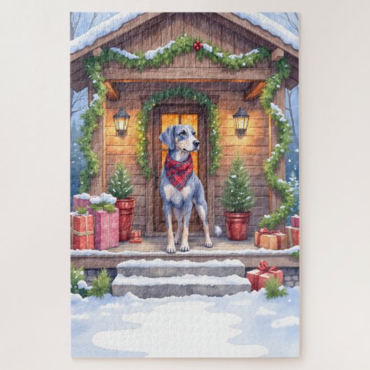 Puzzle Watercolor Bluetick Coonhound Cabin Porch Christma (Vertical)