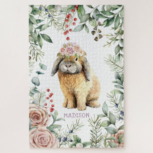 Puzzle Watercolor Floral Bunny Rabbit Personalized