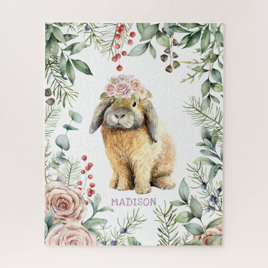 Puzzle Watercolor Floral Bunny Rabbit Personalized (Vertical)