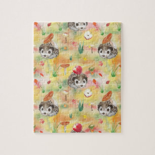 Puzzle Watercolor hedgehog with mushrooms and apple