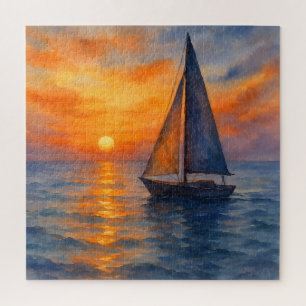 Puzzle Watercolor Sailboat Serene Ocean Sunset Nautique
