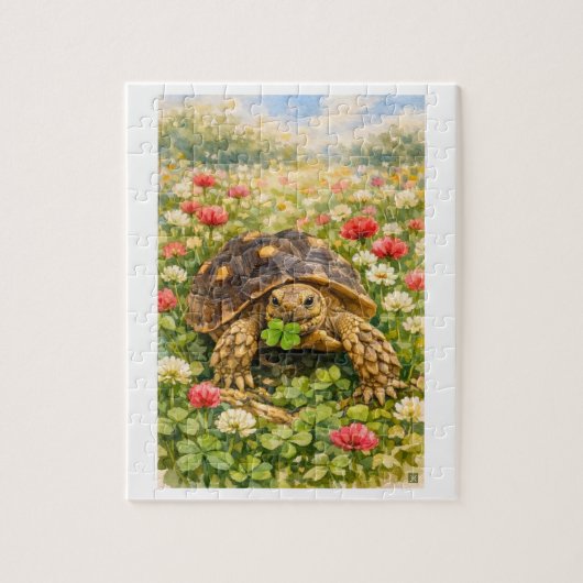 Puzzle Watercolor Sulcata Tortoise with lucky clover (Vertical)