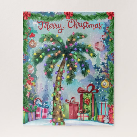 Puzzle Watercolor Tropical Palm Tree Christmas (Vertical)