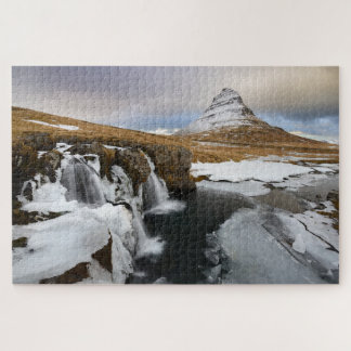 Puzzle Waterfall and Kirkjufell in Iceland during Winter
