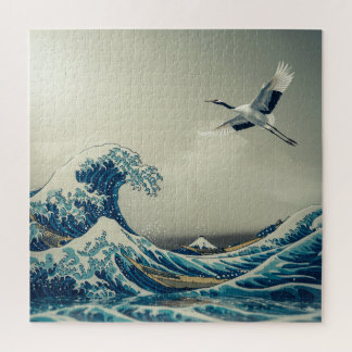 Puzzle Waves and Crane – A Dreamlike Ukiyo-e Vision