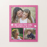 Puzzle We Love You Oma 3 Photo Collage Pink Grand-mère<br><div class="desc">Personnalisez ce puzzle photo amusant avec 3 photos de petits-enfants préférées pour grand-mère à résoudre. Ajoutez un message d'amour et des noms pour la touche personnelle.</div>