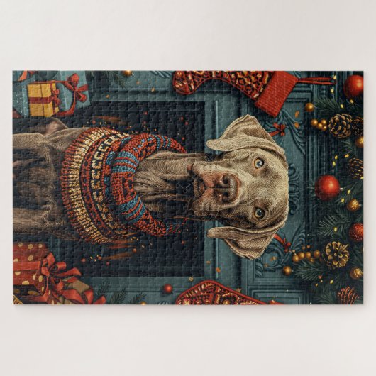 Puzzle Weimaraner Chien Avec Cheminée Cadeaux De Noël (Horizontal)