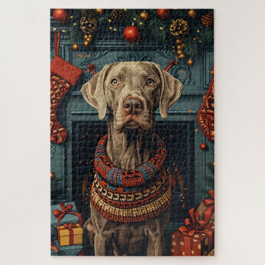 Puzzle Weimaraner Chien Avec Cheminée Cadeaux De Noël (Vertical)