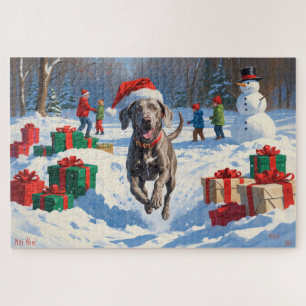 Puzzle Weimaraner courant dans la neige avec un chapeau d